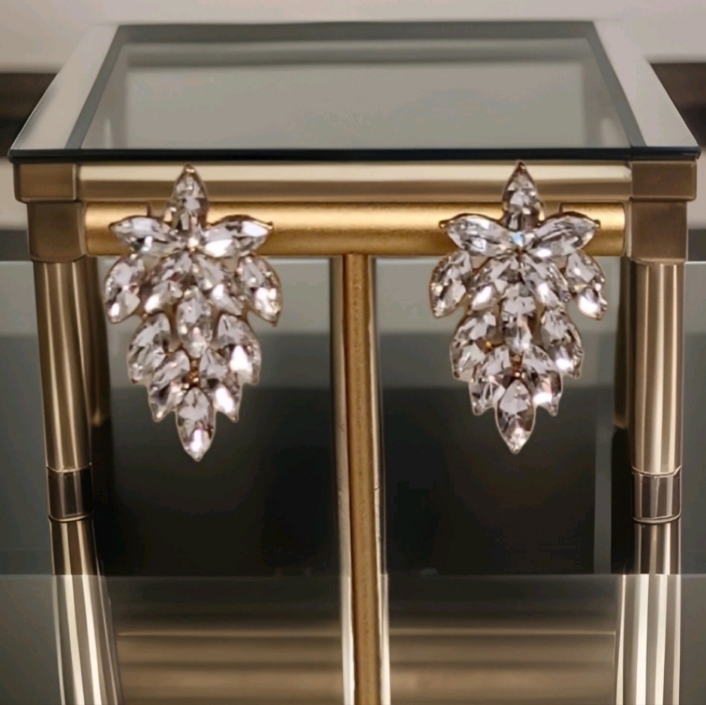 Vintage Art Deco Crystal Leaf Motif Marquise Gold Drop Earrings